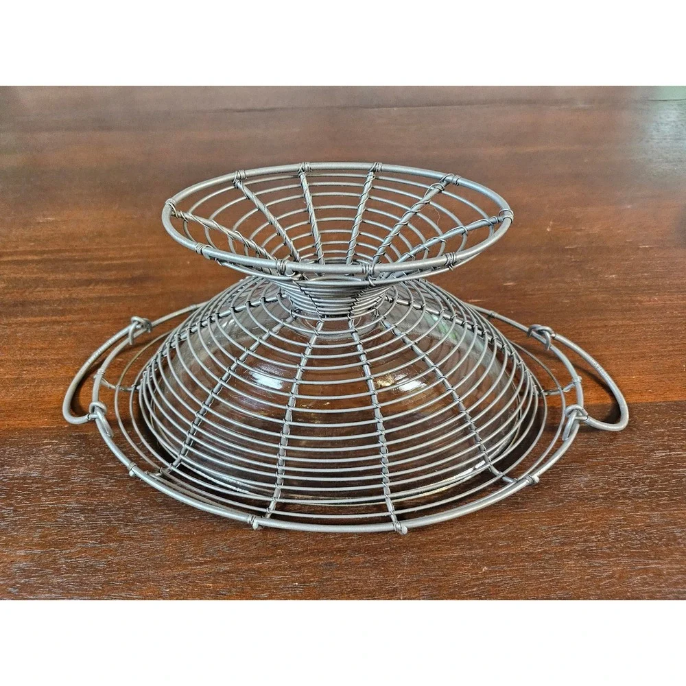 Wire Fruit Bowl Centerpiece Home Decor Silver Metal Glass Insert